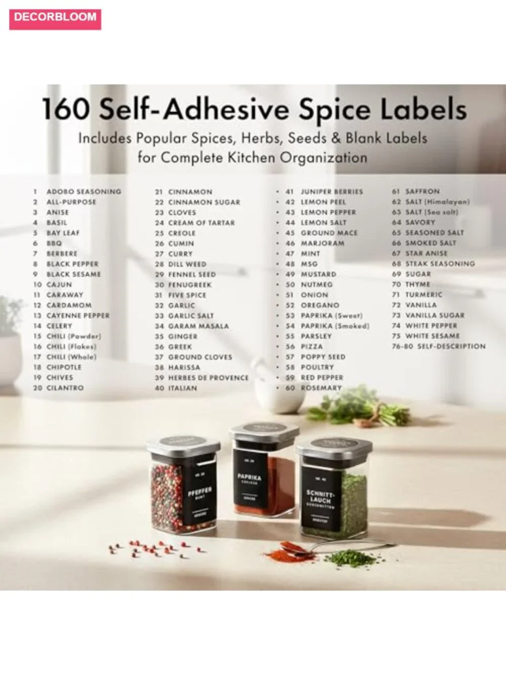 12 Square Spice Jars with Stainless Steel Lids, Funnel & 160 Labels